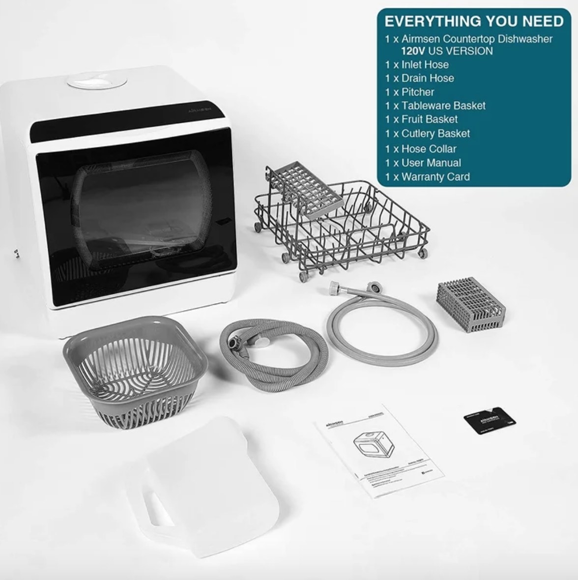 White portable dishwasher and its multiple components including baskets and hoses