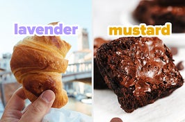On the left, someone holding up a croissant with a bite taken out of it labeled lavender, and on the right, a fudgy brownie labeled mustard