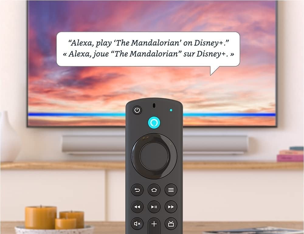 the stick in front of a TV with a text bubble saying Alexa play the Mandalorian on Disney+