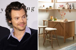 On the left, Harry Styles, and on the right, a kitchen island with stools in front of it and flowers and bowls of top of it
