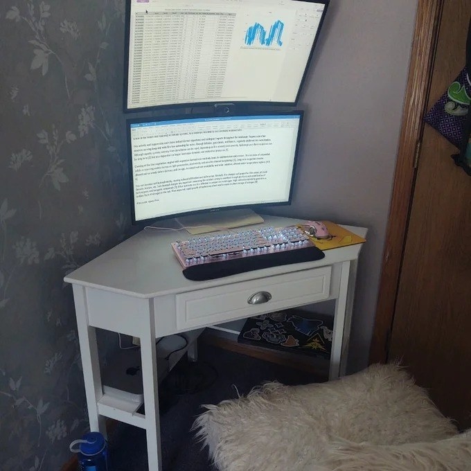 a reviewer photo of the white desk in a corner