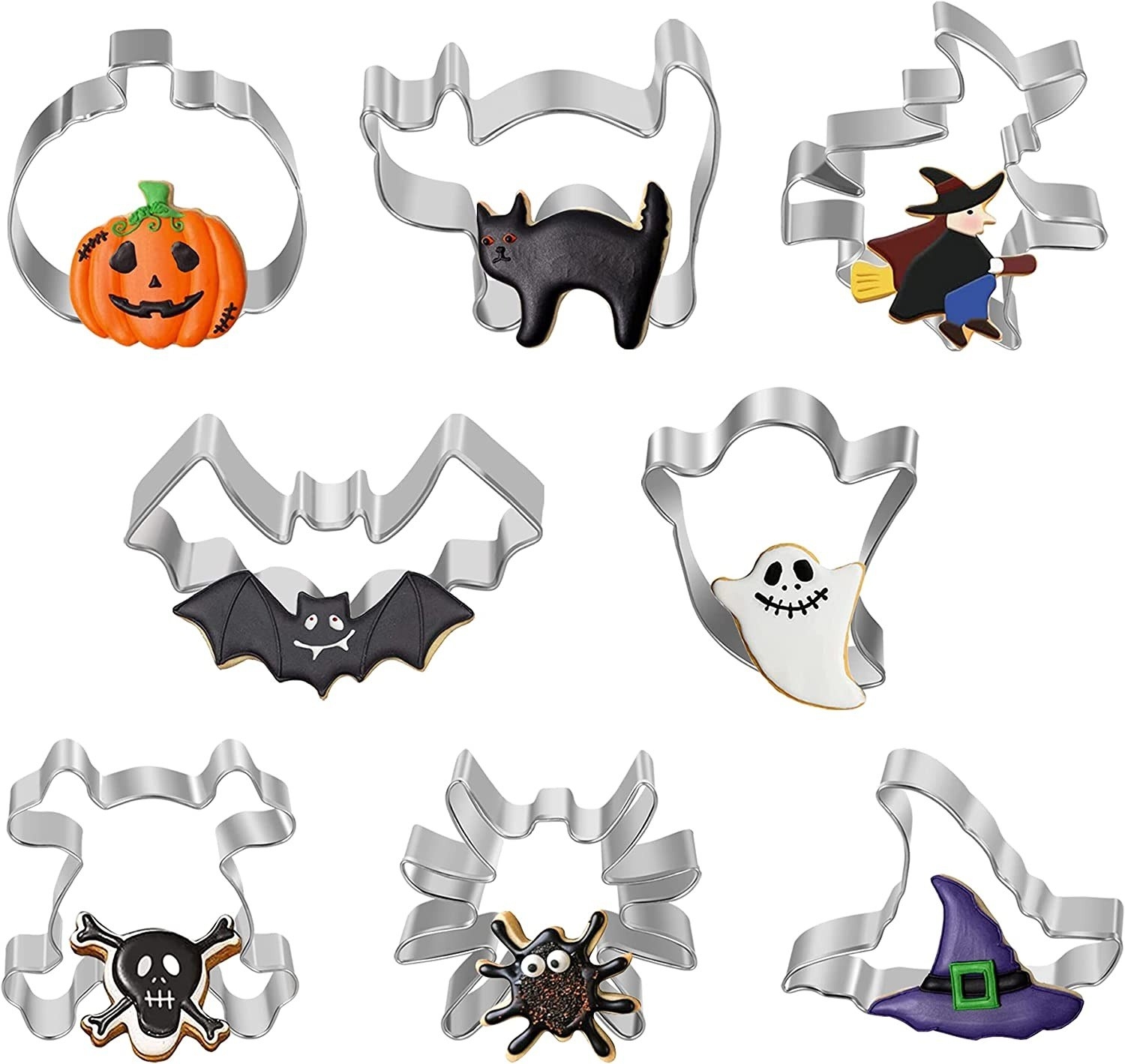 ocho cortadores de galletas con formas de Halloween