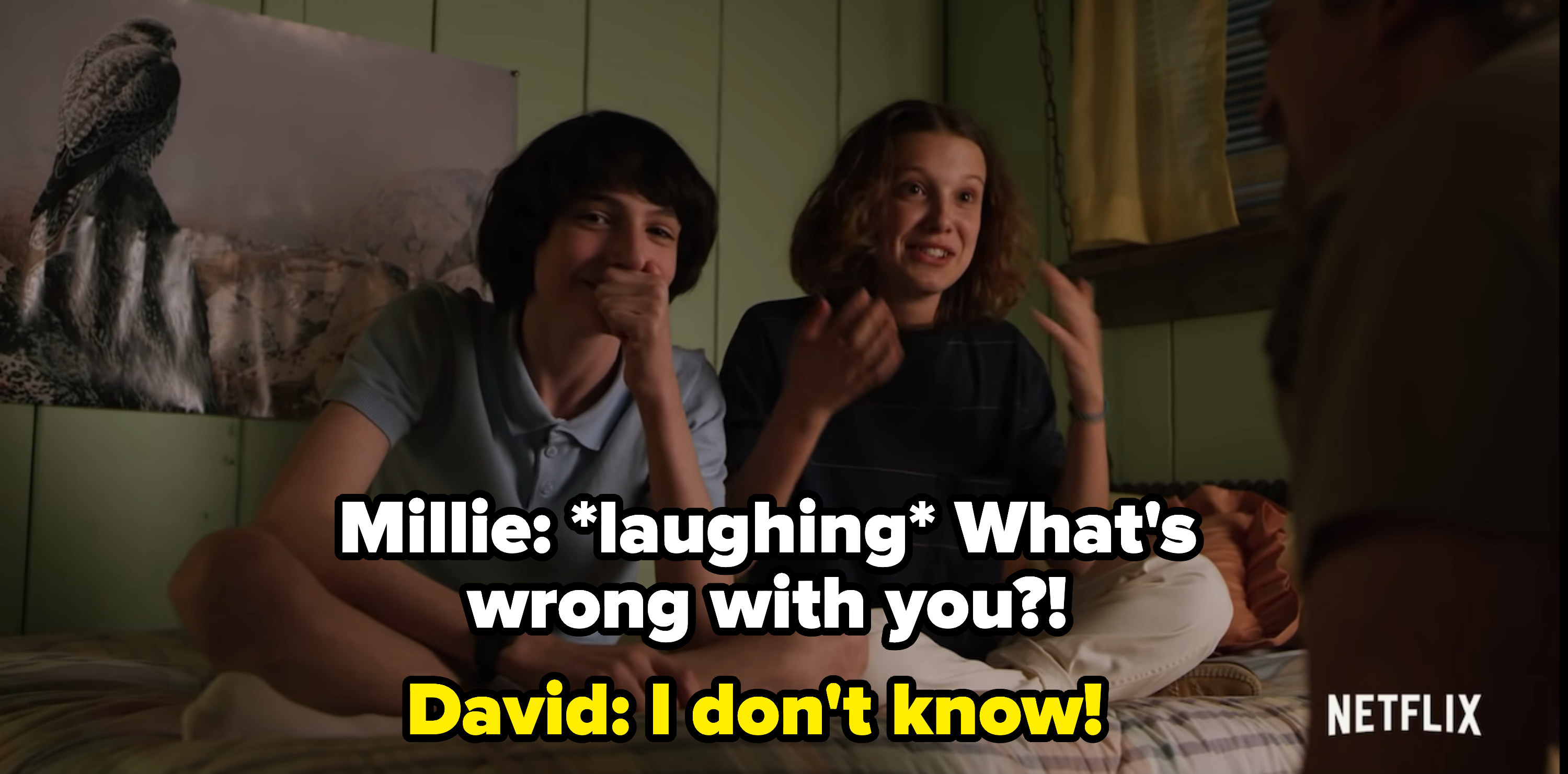 Finn and Millie laughing and asking what&#x27;s wrong with David