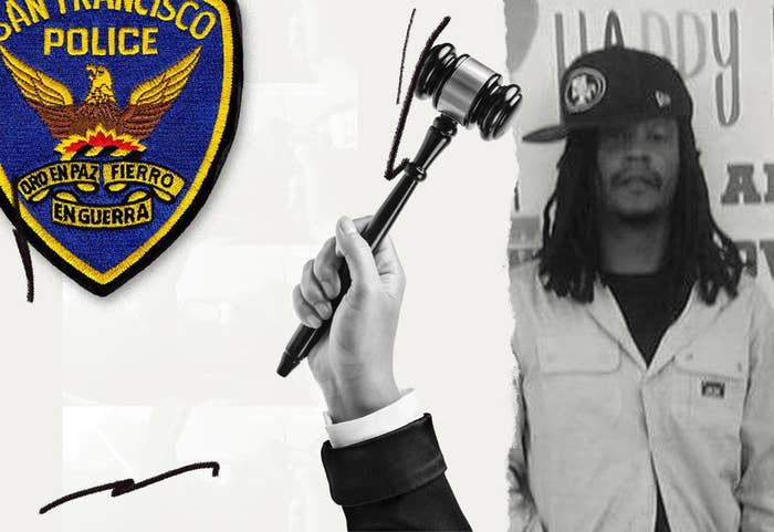 a collage of an SF police badge patch, someone holding a gavel, and a photo of Keita O’Neil