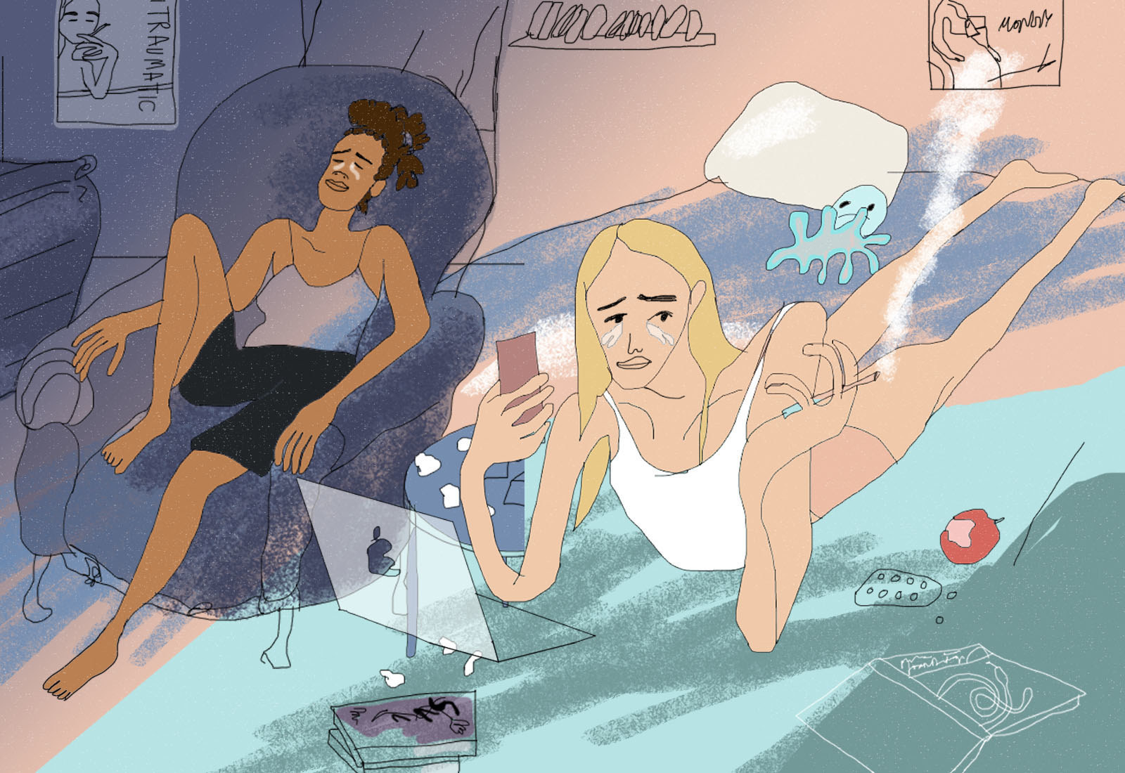 illustrations of one sad girl on the left crying on the couch and another sad girl on the right lying on her stomach smoking and looking at her phone