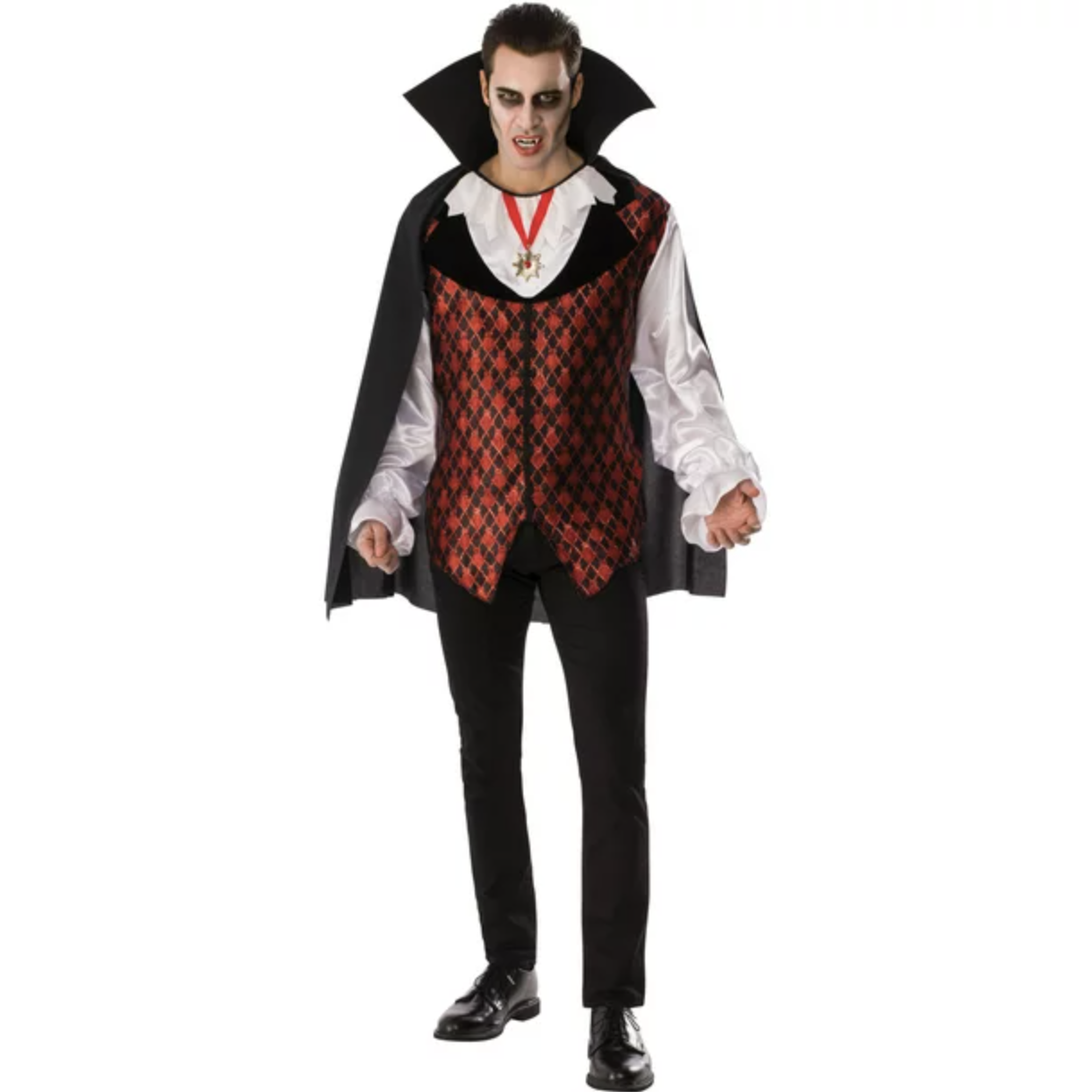 Man wearing vampire costume with cape, vest, long billowy white sleeves, pants, and shiny shoes