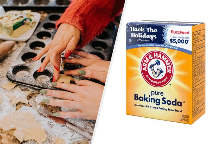 Two hands press cookies into a mold alongside ARM &amp;amp; HAMMER™ baking soda product imagery