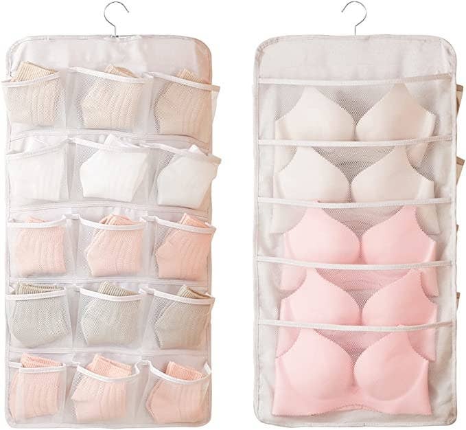 A hanging closet bra and underwear organizer