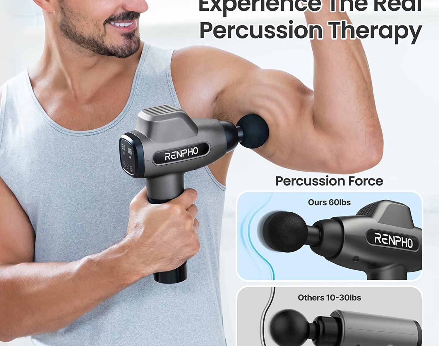 A person using the massage gun on their bicep