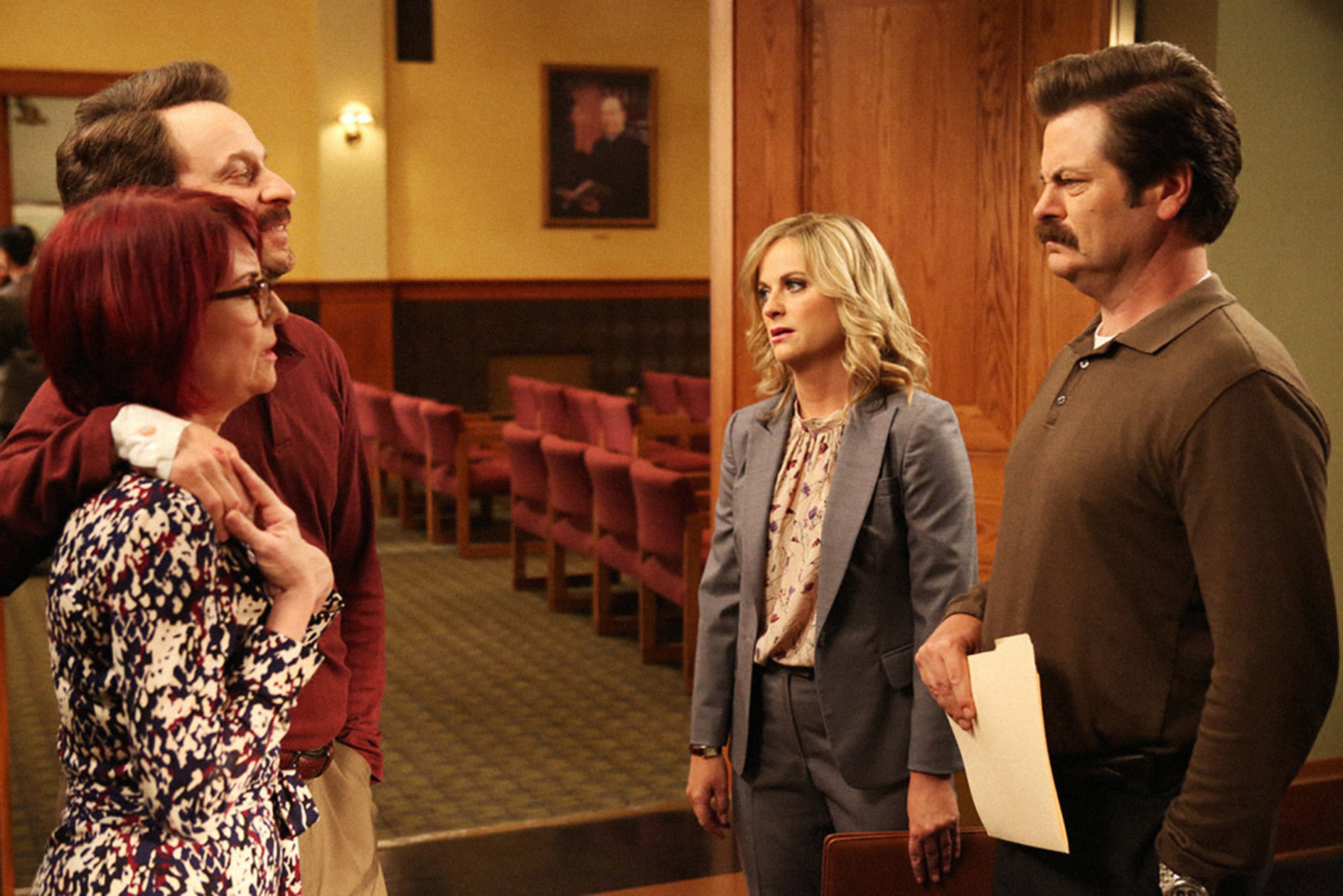 Amy Poehler, Nick Offerman, Megan Mullaly, and Jon Glaser in &#x27;Ron &amp;amp; Jammy&#x27;, (Season 7, ep. 702, aired Jan. 13, 2015)