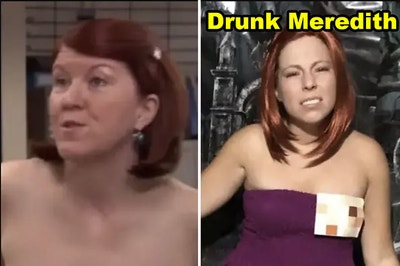 A side-by-side of Drunk Meredith from The Office and someone dressed as her, with the red wig and purple dress