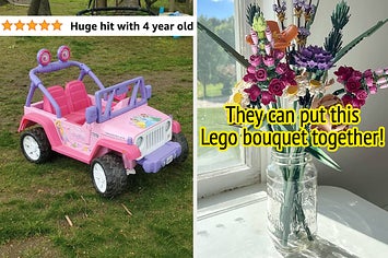 左边是一辆迪士尼公主吉普牧马人，上面写着“4岁孩子大受欢迎”;右边是花瓶里的乐高花束