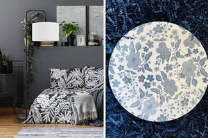 A black modern floor lamp on the left and a blue floral side plate on the right