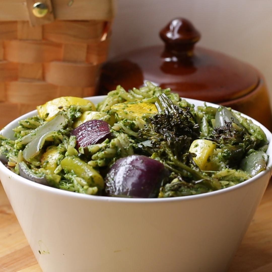Roasted Veggies With Spinach Pesto Orzo