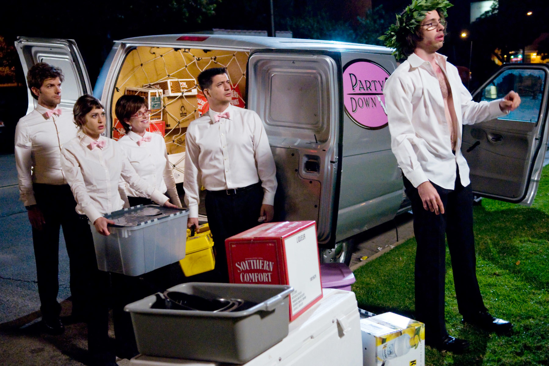 PARTY DOWN, (from left): Adam Scott, Lizzy Caplan, Megan Mullally, Ken Marino, Martin Starr, &#x27;Not On Your Wife Opening Night&#x27;, (Season 2, ep. 206, aired May 28, 2010), 2009-2010