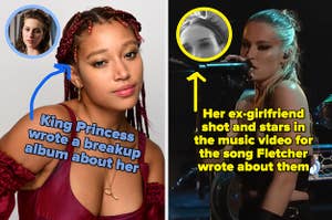 amandla stenberg with the text "king princess wrote a breakup album about her" with a picture of king princess, and fletcher singing with text about her ex-gf shooting ans being in the video for a song about them, with a screenshot