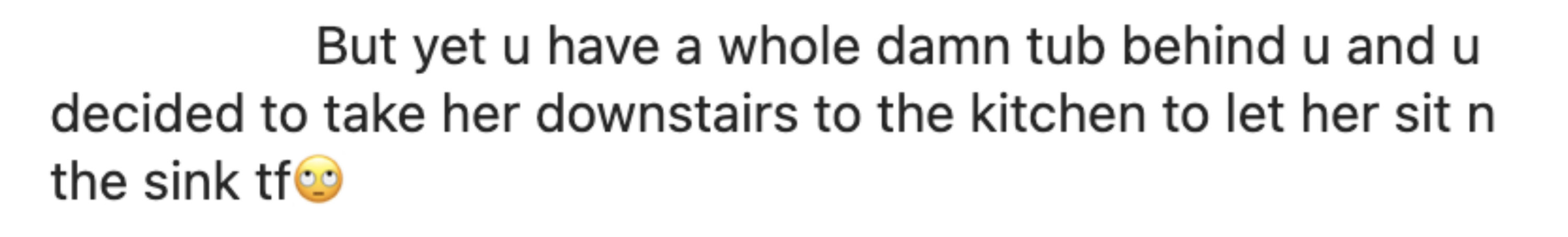 A comment saying &quot;you have a whole tub behind you and you decided to take her downstairs to the kitchen to let her sit in the sink&quot;