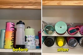 water bottle before and after using organizer