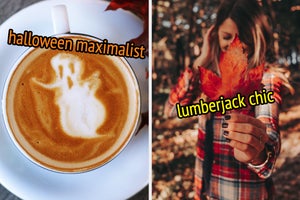 On the left, a latte with a ghost in it labeled Halloween maximalist, and on the right, someone holding a leaf and wearing a flannel shirt labeled lumberjack chic