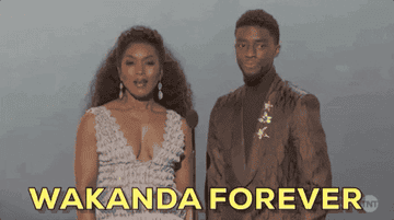 Angela Bassett (Left) and Chadwick Boseman (right) saying &quot;Wakanda Forever&quot;
