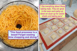 食品加工机碗中的奶酪审稿人照片，上面有积极的评论报价，上面是顶部 /审稿人的照片，在硅胶烘焙垫上分配了带有正面评论的面团。