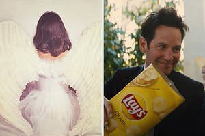 On the left, someone facing a wall while wearing a dress and angel wings, and on the right, Paul Rudd holding a bag of Lay's potato chips