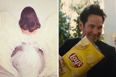 在左边,人面对一堵墙而穿着裙子和天使翅膀,右边,保罗·路德袋乐事薯片