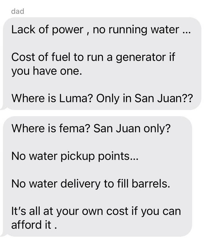 Texts from Savannah Gonzalez&#x27;s dad saying there&#x27;s no power or water and asking where FEMA is 