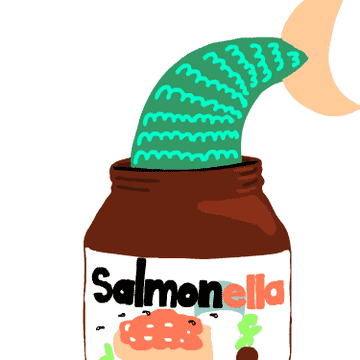 A salmon in a jar of Nutella with the label Salmonella