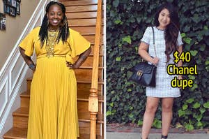 reviewer in yellow pleated midi and reviewer in tweed shift with text "$40 Chanel dupe"