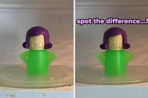 before and after of dirty and clean microwave with microwave mama cleaner "spot the difference...!"