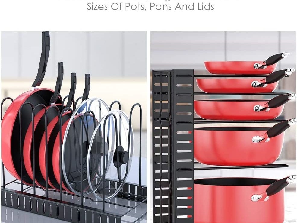 the pan rack shown sideways and upright, holding pans and lids