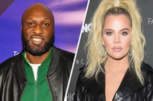 Lamar Odom wears a green jacket under a leather coat. Khloé Kardashian wears a leather blazer with a silver necklace and matching hoop earrings with her hair in a high ponytail.
