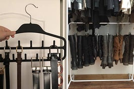 Side by side photos of a hanging belt organizer and a hanging boot rack