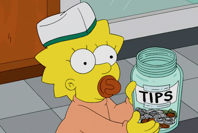 Simpsons character holding up a tips jar