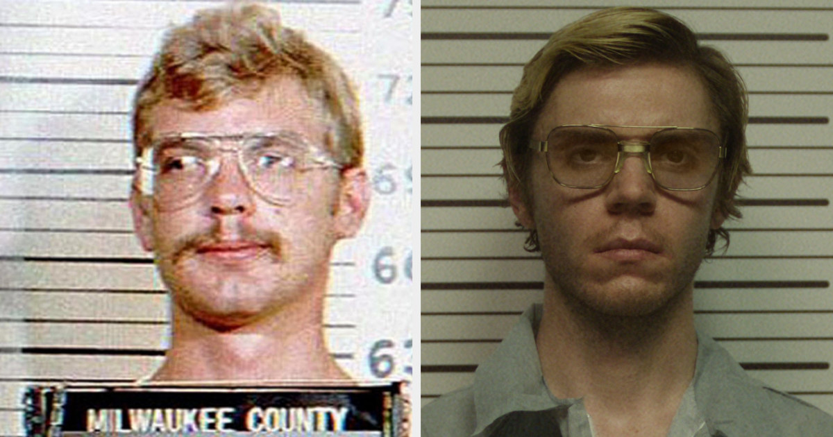 Side-by-side of Jeffrey Dahmer and Evan Peters