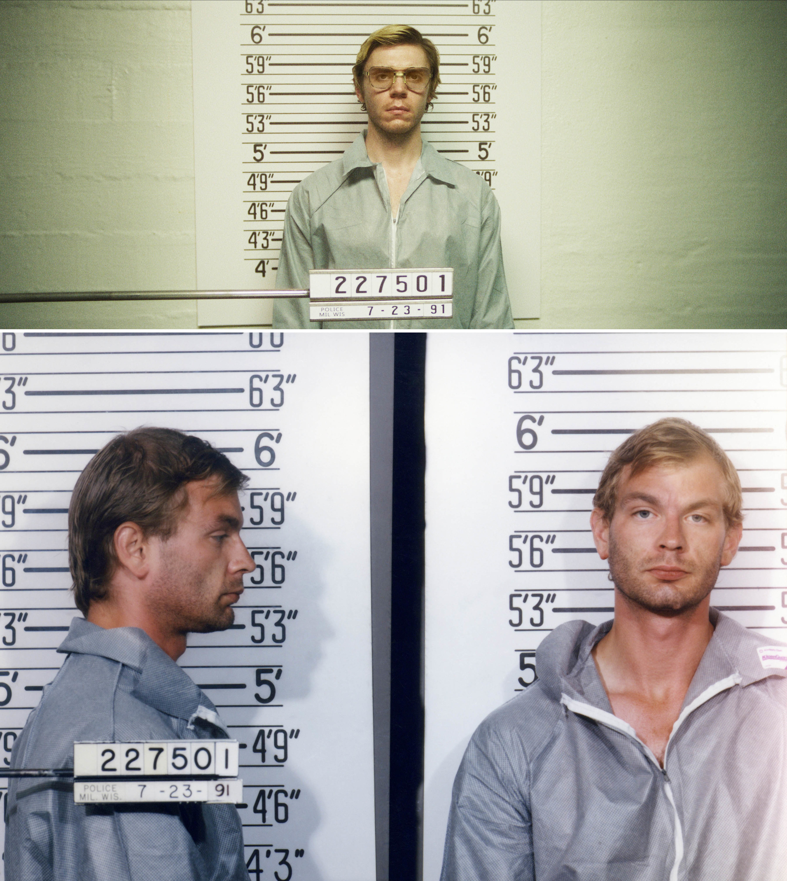 Evan as Jeffrey getting a mugshot vs the real Jeffrey&#x27;s mugshot; their height is the same, and they share the same emotionless expression