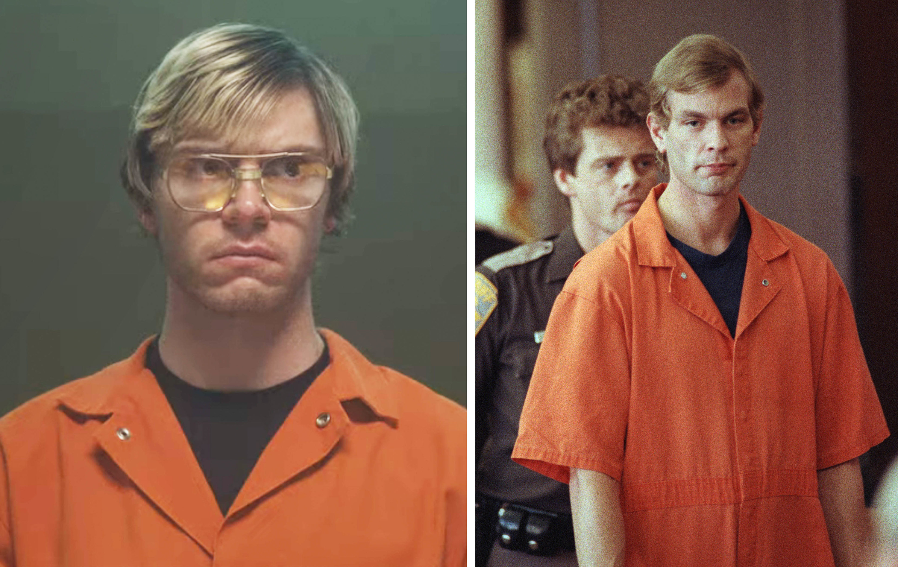 Evan Peters as Jeffrey Dahmer in the series juxtaposed with the real Jeffrey Dahmer; they are wearing the same clothes and share the same blank expression