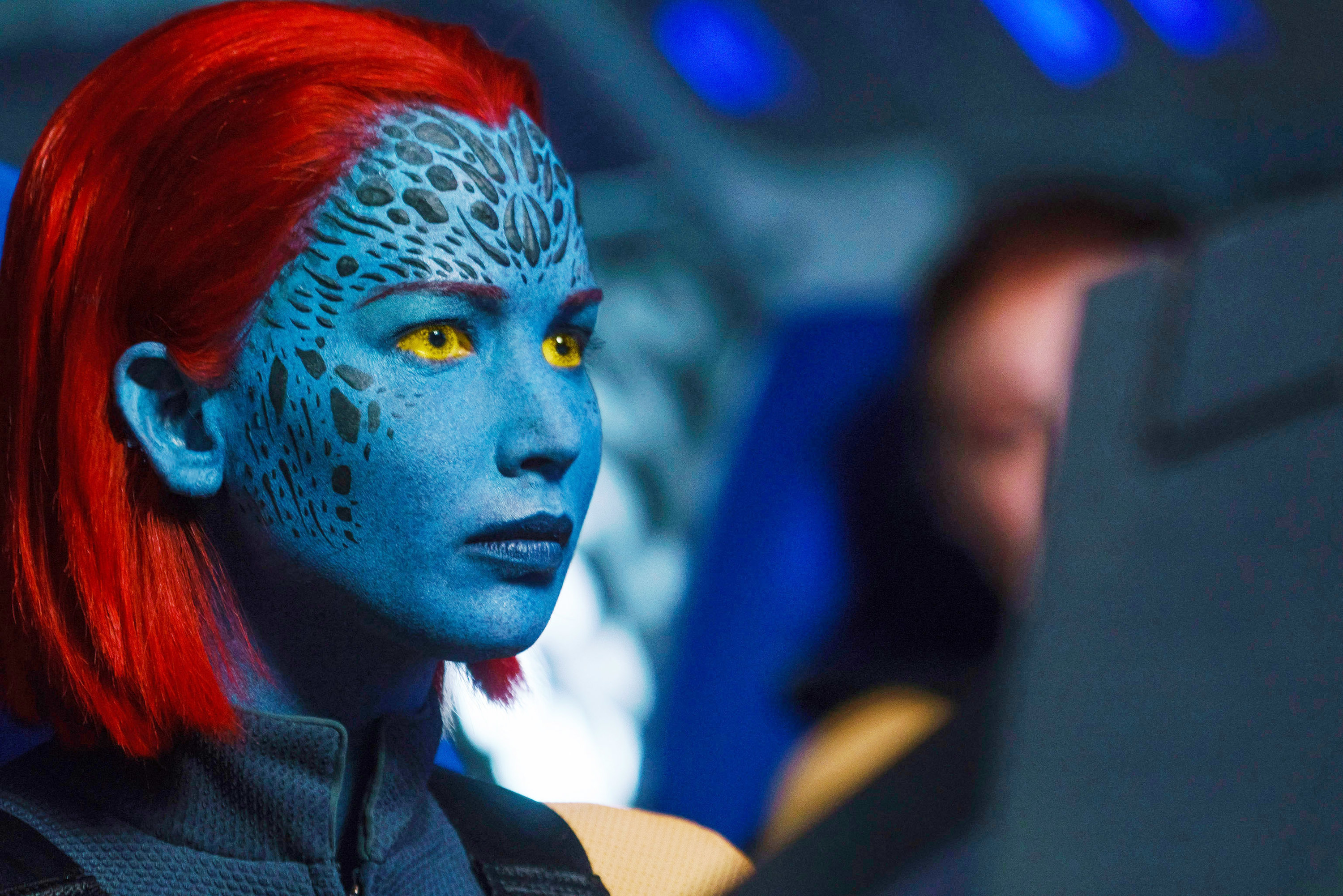 closeup of Lawrence&#x27;s character in all-over makeup to make her blue
