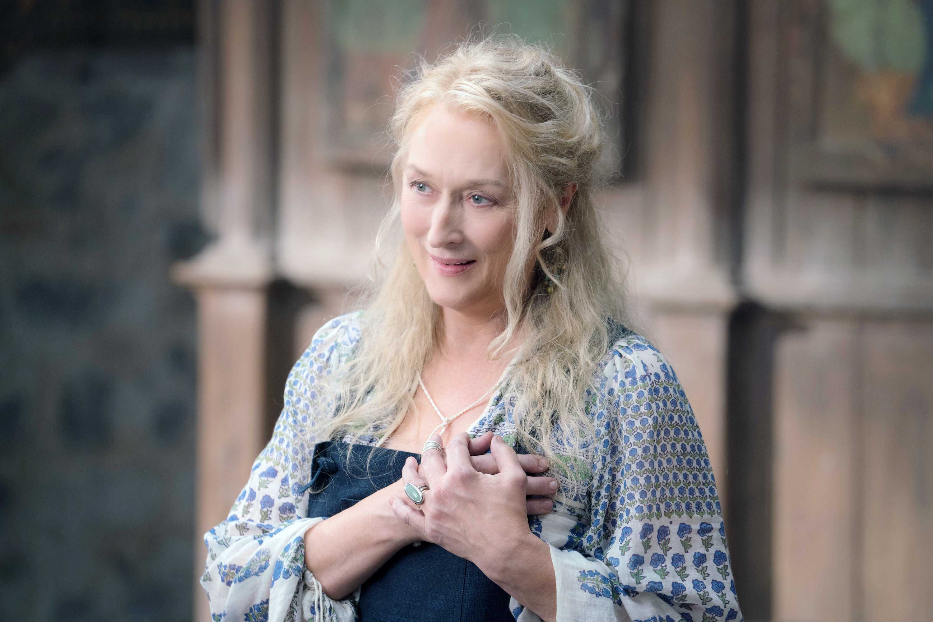 Streep&#x27;s character outside with her hands over her heart