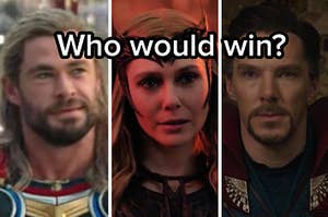 A close up of Thor, Scarlet Witch, and Doctor Strange