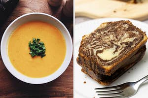 On the left, a bowl of pumpkin soup, and on the right, some slices of marble pound cake on a plate