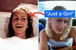 Vivian sits in a bubble bath and Gwen Stefani sits in the back of a car