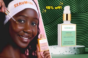 a smiling person applying the dry oil to their face and a bottle of clarifying serum