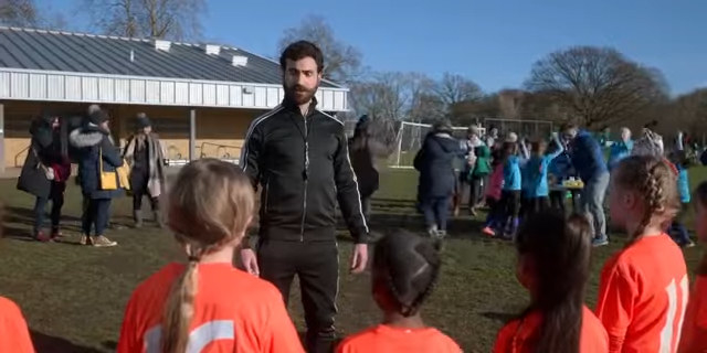 brett goldstein as roy kent coaching girls soccer in &quot;ted lasso&quot;