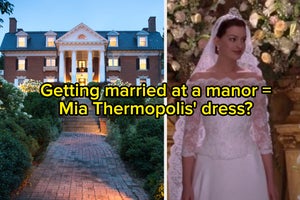 A three story manor with a garden and Mia Thermopolis wears a lace wedding dress