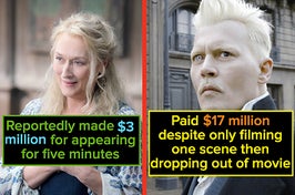 meryl streep in mamma mia 2 labeled "Reportedly made $3 million for appearing for five minutes" and johnny depp in fantastic beasts labeled "Paid $17 million despite only filming one scene then dropping out of movie"