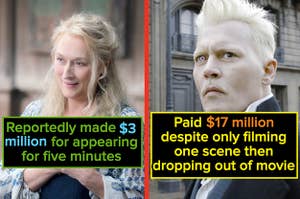 meryl streep in mamma mia 2 labeled "Reportedly made $3 million for appearing for five minutes" and johnny depp in fantastic beasts labeled "Paid $17 million despite only filming one scene then dropping out of movie"