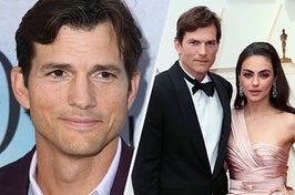 Ashton Kutcher wears a brown suit. He also appears in a black tuxedo while Mila Kunis wears a silk, pink wrap dress with one strap and chandelier earrings.