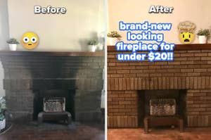 reviewer's fireplace before with soot, after clean "brand-new looking fireplace for under $20!!"